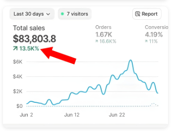 Shopify analytics dashboard showing $83,803.8 total sales, 1.67K orders and a rising sales graph over the last 30 days.